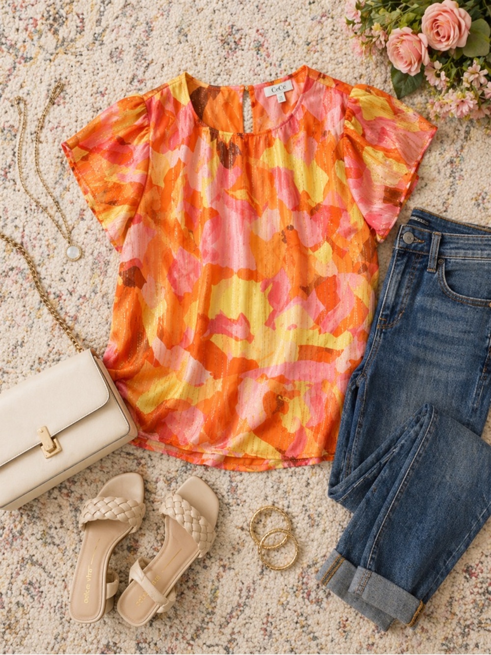 CeCe Printed Metallic Flutter Sleeve Top Size M NWT Bright Floral Blouse
